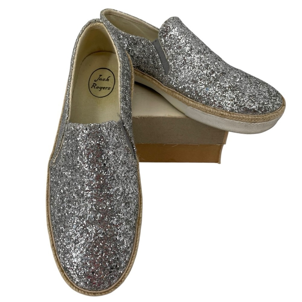 Jack Rogers Tucker Silver Glitter Slip-On Sneakers Shoes Holiday Bridal - Sz 8.5